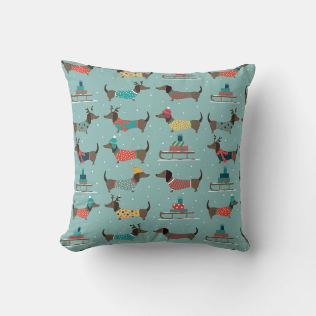Holiday Dachshunds with Gifts and Sleds Pattern Cushion (Front)