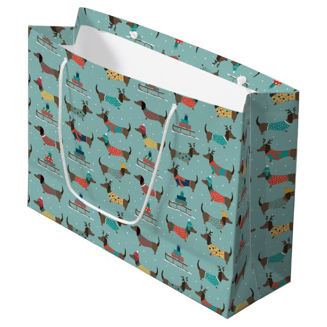 Holiday Dachshunds with Gifts and Sleds Pattern Large Gift Bag (Front Angled)