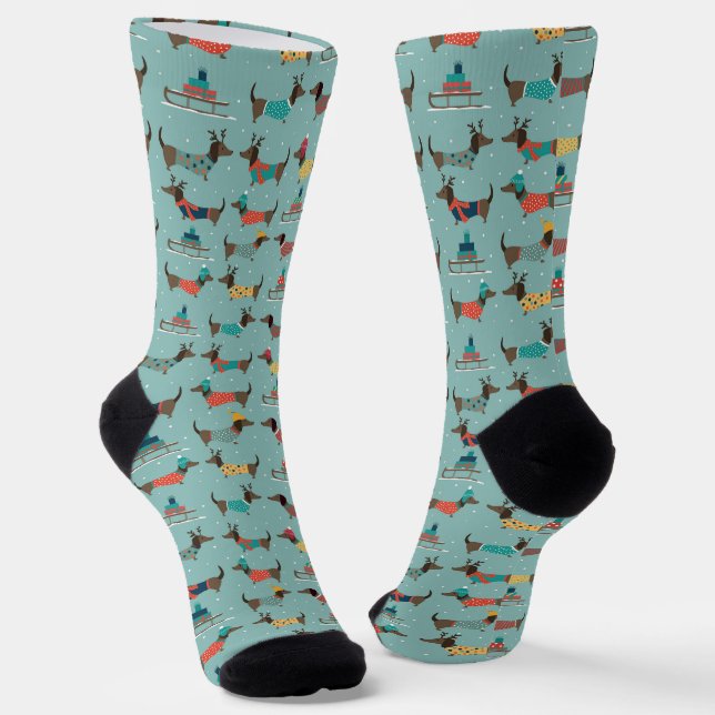 Holiday Dachshunds with Gifts and Sleds Pattern Socks (Angled)