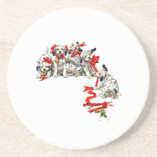 Holiday Dalmatin Pups with Red Ribbon Coaster