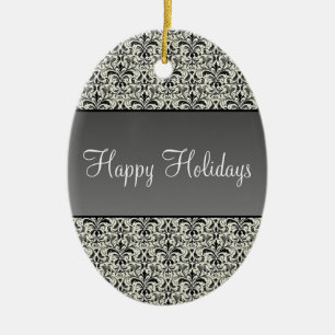 Holiday Damask Oval Christmas Ornament, Grey Ceramic Tree Decoration