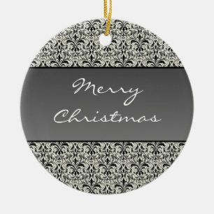 Holiday Damask Round Christmas Ornament, Grey Ceramic Ornament