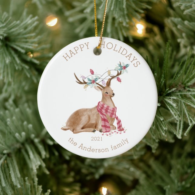 Holiday Deer Colourful Happy Holidays Photo Ceramic Ornament (Tree)