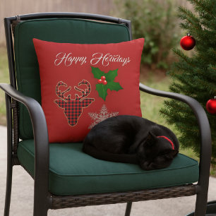 Holiday Deer Head, Snowflake and Holly Leaves   Cushion