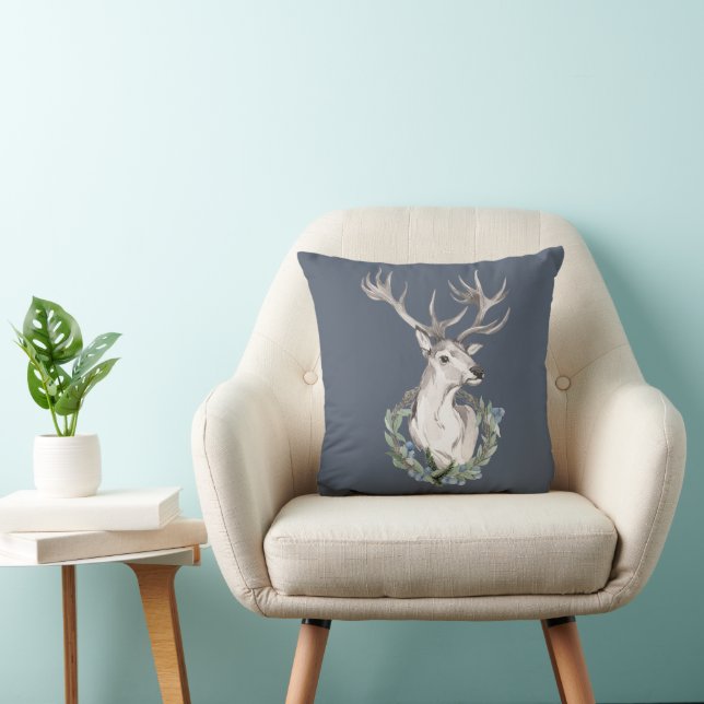 Holiday Deer with Winter Wreath Throw Pillow (Chair)