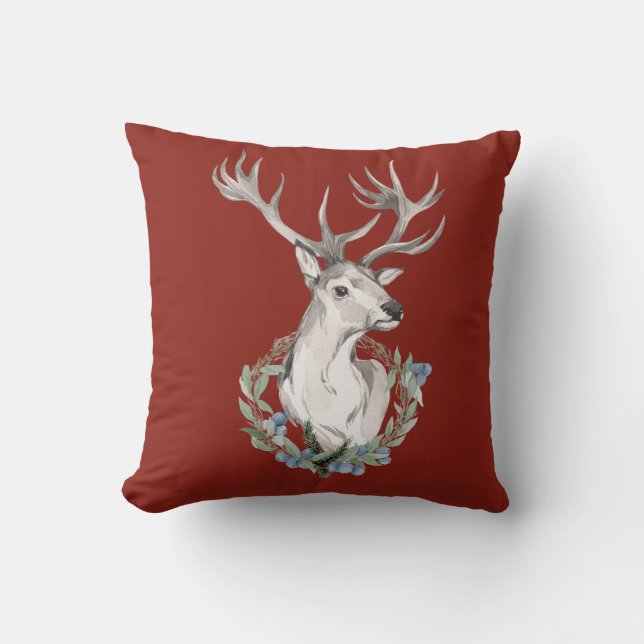 Holiday Deer with Winter Wreath Throw Pillow (Front)