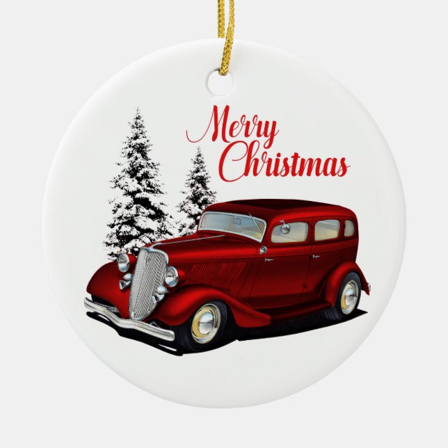 Holiday Delivery Hot Rod Ceramic Ornament (Front)