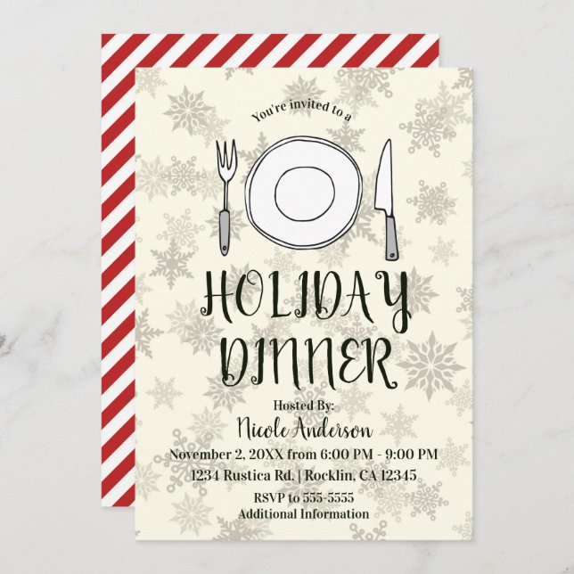 Holiday Dinner Party Cream Ivory Christmas Stripes Invitation (Front/Back)