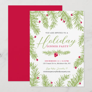 Holiday dinner party green fir red berry christmas invitation