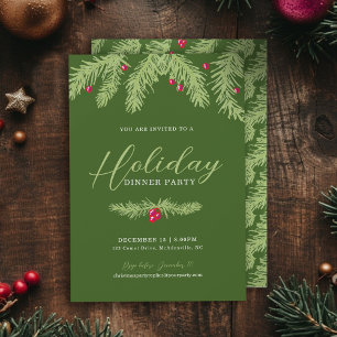 Holiday dinner party green fir red berry christmas invitation
