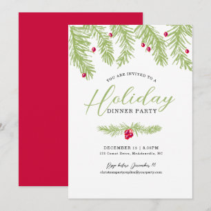 Holiday dinner party green fir red berry christmas invitation