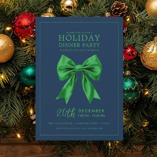 Holiday Dinner Party Green Satin Bow Navy Invitation