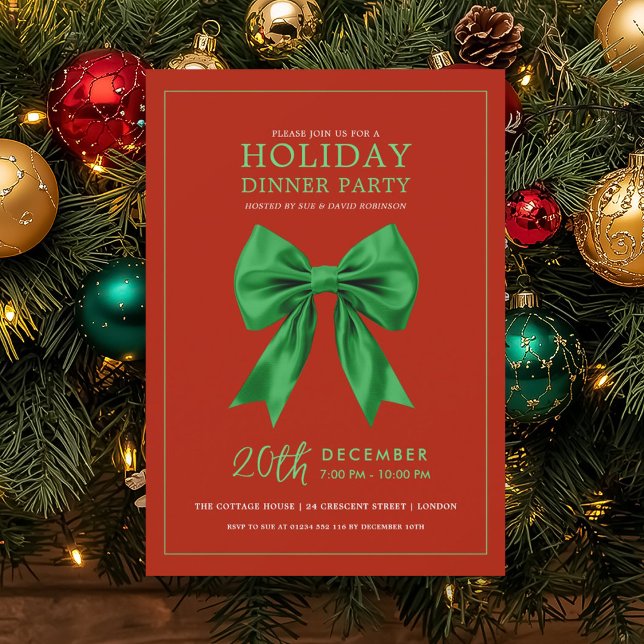 Holiday Dinner Party Green Satin Bow Red Invitation (Holiday Dinner Party Green Satin Bow Red Invitation)