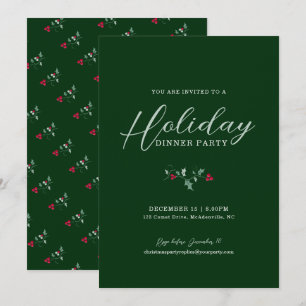 Holiday dinner party holly green christmas invitation
