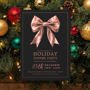 Holiday Dinner Party Rose Gold Satin Bow Black Invitation