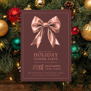 Holiday Dinner Party Rose Gold Satin Bow Burgundy Invitation