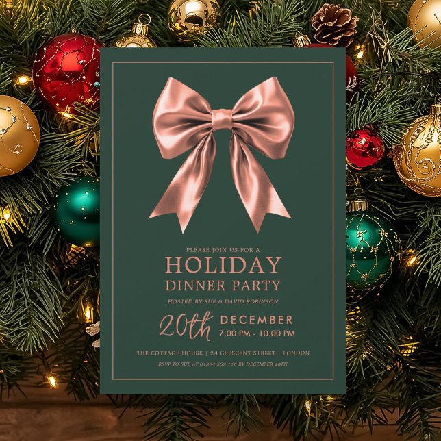Holiday Dinner Party Rose Gold Satin Bow Green  Invitation (Holiday Dinner Party Rose Gold Satin Bow Green Invitation)