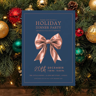 Holiday Dinner Party Rose Gold Satin Bow Navy Blue Invitation