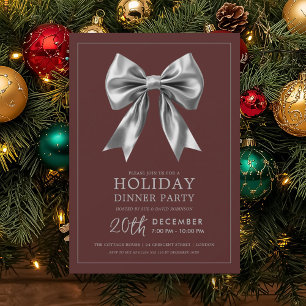 Holiday Dinner Party Silver Satin Bow Burgundy Invitation