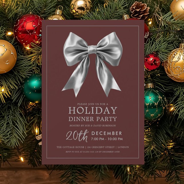 Holiday Dinner Party Silver Satin Bow Burgundy Invitation (Holiday Dinner Party Silver Satin Bow Burgundy Invitation)