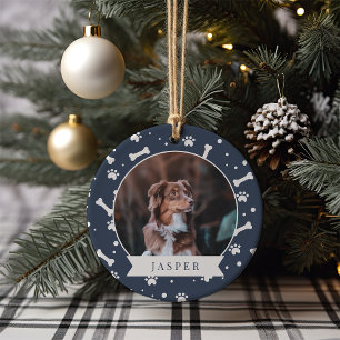 Holiday Dog Bone & Pawprint Personalised Pet Photo Ceramic Ornament