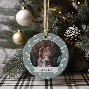 Holiday Dog Bone & Pawprint Personalised Pet Photo Ceramic Ornament