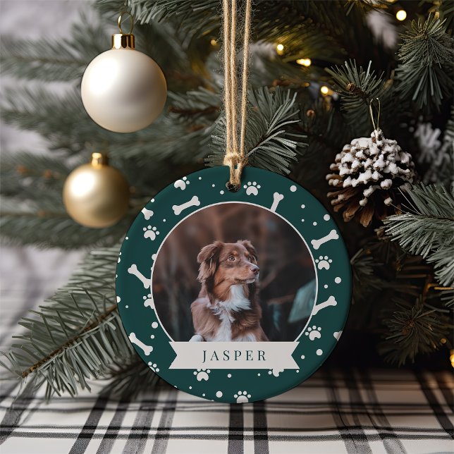 Holiday Dog Bone & Pawprint Personalised Pet Photo Ceramic Ornament (Creator Uploaded)