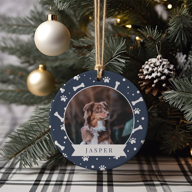 Holiday Dog Bone & Pawprint Personalised Pet Photo Ceramic Ornament (Creator Uploaded)