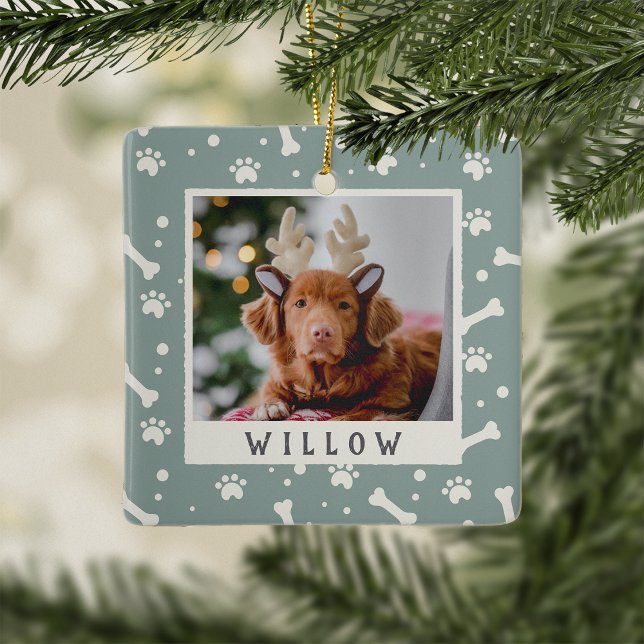 Holiday Dog Bone & Pawprint Personalised Pet Photo Ceramic Ornament (Creator Uploaded)