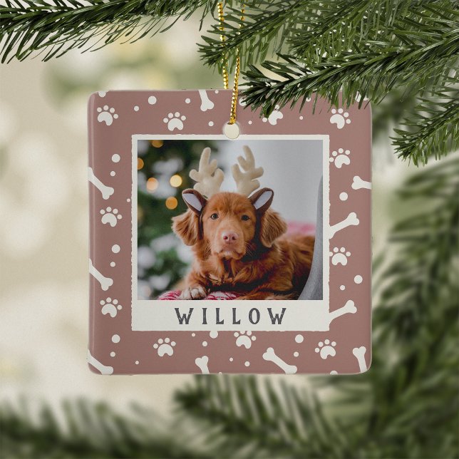 Holiday Dog Bone & Pawprint Personalised Pet Photo Ceramic Ornament (Creator Uploaded)