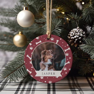 Holiday Dog Bone & Pawprint Personalised Pet Photo Ceramic Ornament