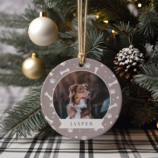 Holiday Dog Bone & Pawprint Personalised Pet Photo Ceramic Ornament (Creator Uploaded)