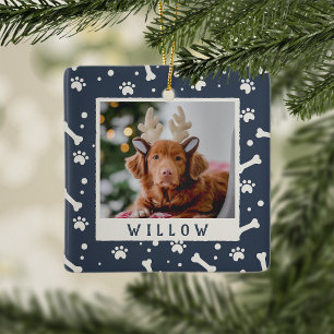 Holiday Dog Bone & Pawprint Personalised Pet Photo Ceramic Ornament