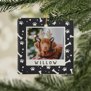 Holiday Dog Bone & Pawprint Personalised Pet Photo Ceramic Ornament