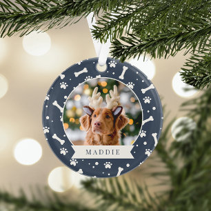 Holiday Dog Bone & Pawprint Personalised Pet Photo Ornament