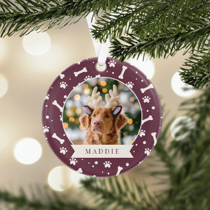 Holiday Dog Bone & Pawprint Personalised Pet Photo Ornament