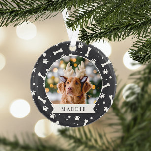 Holiday Dog Bone & Pawprint Personalised Pet Photo Ornament
