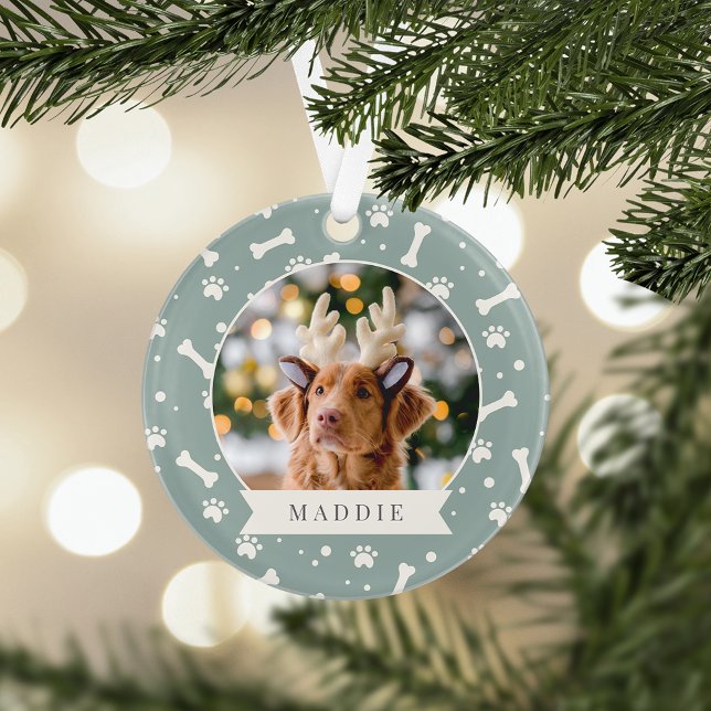 Holiday Dog Bone & Pawprint Personalised Pet Photo Ornament (Creator Uploaded)