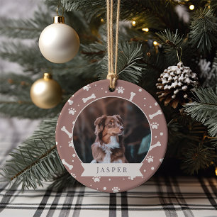 Holiday Dog Bone & Pawprint Personalized Pet Photo Ceramic Ornament
