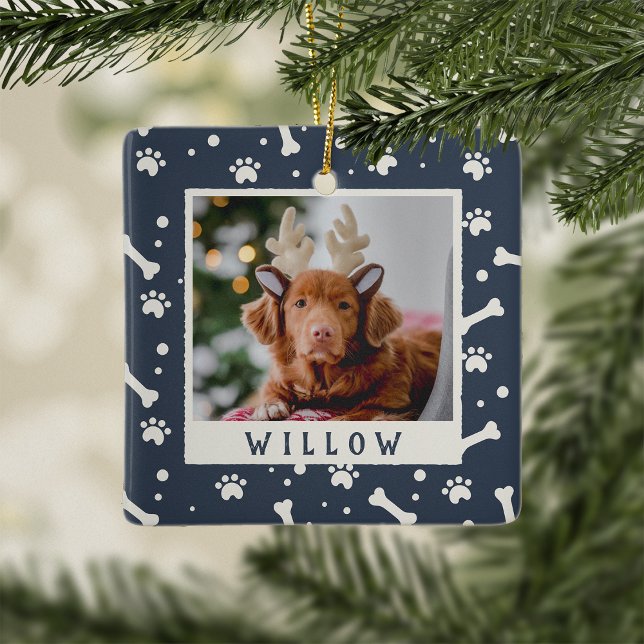 Holiday Dog Bone & Pawprint Personalized Pet Photo Ceramic Ornament (Creator Uploaded)