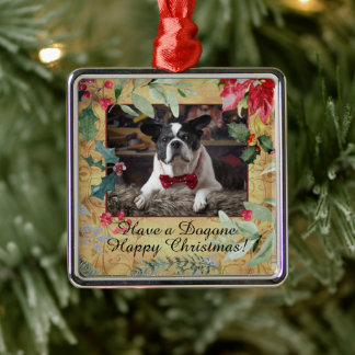 Holiday Dog Photo with Festive Christmas Florals Metal Ornament