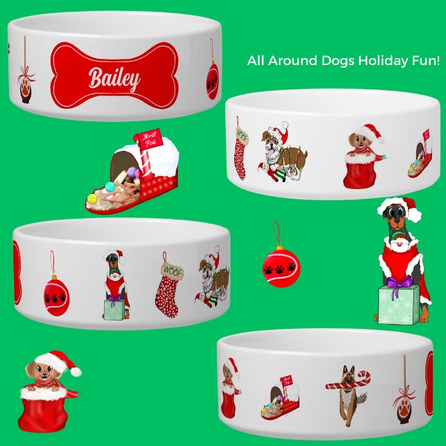 Holiday Dogs With Dog Toys Personalised Bowl (This cute Christmas dogs design is just a perfect addition to your holiday decorations for your dog!)