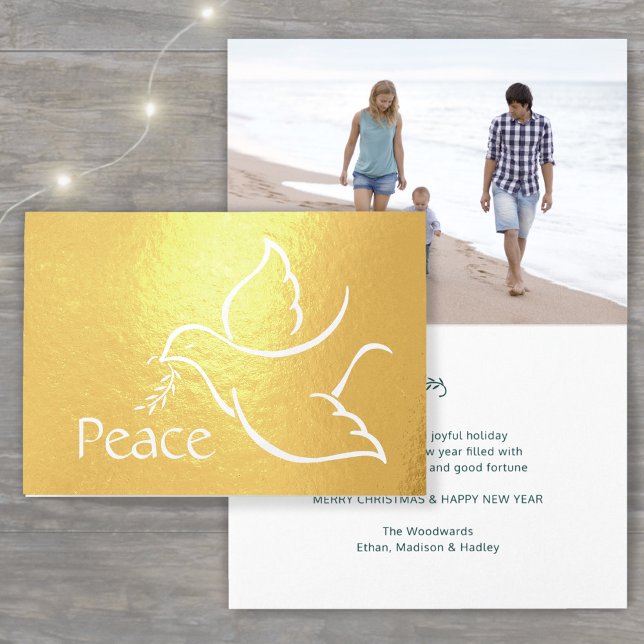 Holiday Dove Elegant Peace Green Typography Photo Foil Card (Creator Uploaded)