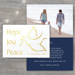 Holiday Dove Hope Joy Peace Navy Blue Modern Photo Foil Card<br><div class="desc">Wish family and friends a simple gift of peace for the holidays with an elegant dove one photo folded greeting card. All wording on this template (including "Hope Joy Peace" on front) is simple to customise, making it suitable for Christmas, New Years, Hanukkah and Rosh Hashanah. The navy blue, white...</div>
