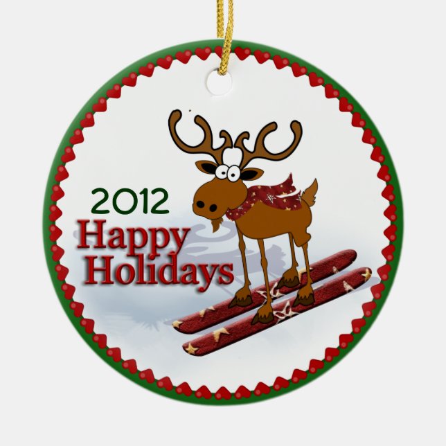 Holiday Downhill Moose Ceramic Ornament (Front)