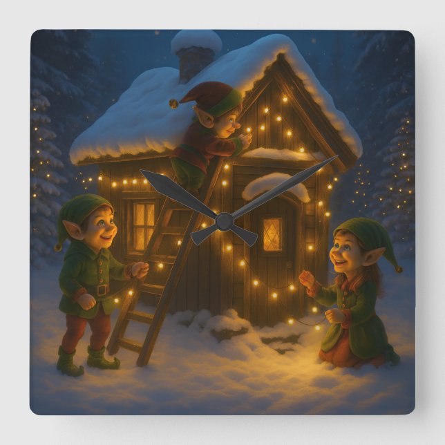 Holiday Elf Scene – Happy Holidays! Square Wall Clock (Front)