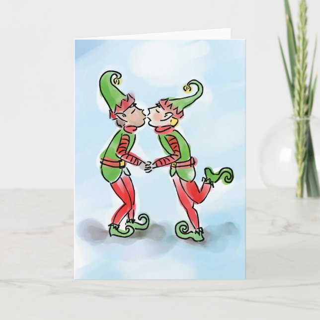 Holiday Elves Kissing Card (Front)
