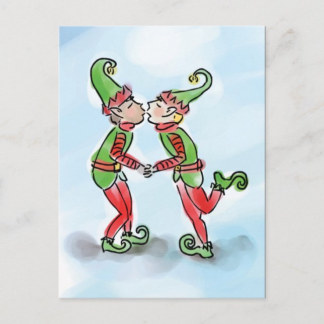 Holiday Elves Kissing Postcard (Front)