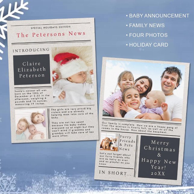 Holiday Family News Paper Photo Baby Announcement (baby announcement holiday card family news newspaper fun 4 photos funny cute gazette updates)