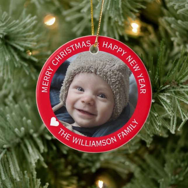 Holiday Family Photo Christmas New Year Red Ceramic Ornament (Tree)